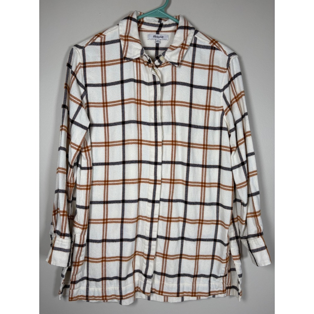 Madewell White Brown Plaid Flannel Button Down Shirt XXS Layering Fall Cotton